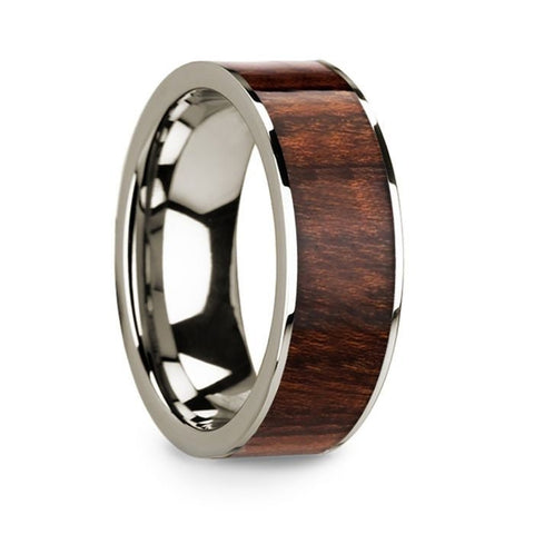 Polished 14k White Gold Men's Wedding Ring with Carpathian Wood Inlay - 8mm Rings, Wedding Ring