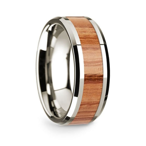 14k White Gold Polished Beveled Edges Wedding Ring with Red Oak Wood Inlay - 8 mm Rings, Wedding Ring