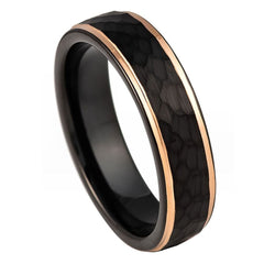 Men's Rose Gold Tungsten Central Black Hammered Center 6 & 8mm Engraved Tungsten Ring