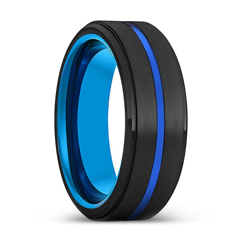 AKIYAMA | Blue Black Stepped Edge Blue Groove Tungsten Ring