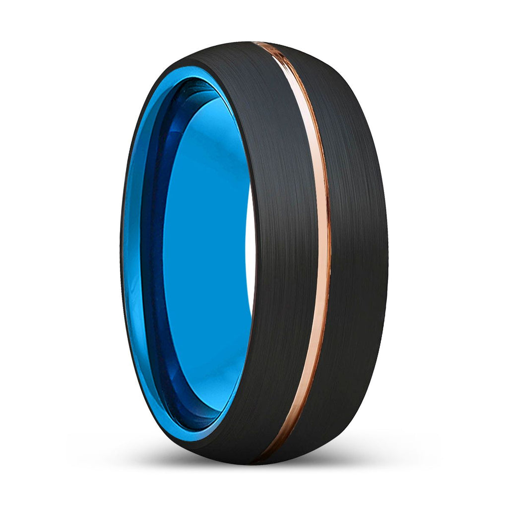 STREAM | Blue Black Domed Rose Gold Groove Tungsten Ring