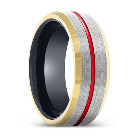 ATOM | Black Silver Red Groove Gold Beveled Edges Tungsten Ring