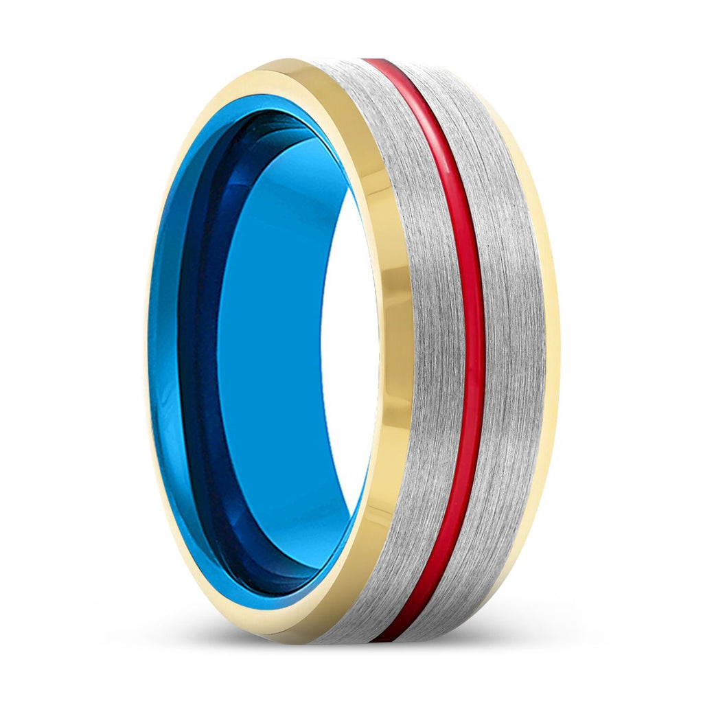 HAWKEYE | Blue & Silver Red Groove Gold Beveled Edges Tungsten Ring