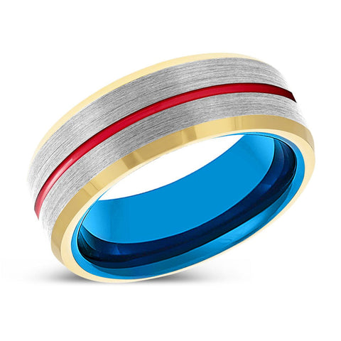 HAWKEYE | Blue & Silver Red Groove Gold Beveled Edges Tungsten Ring