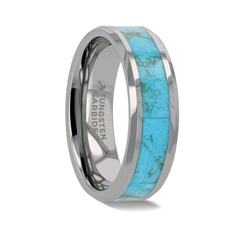 ARIZONA Kingman Turquoise Inlay Tungsten Men's Wedding Band With Beveled Edges - 8mm - Limited Run