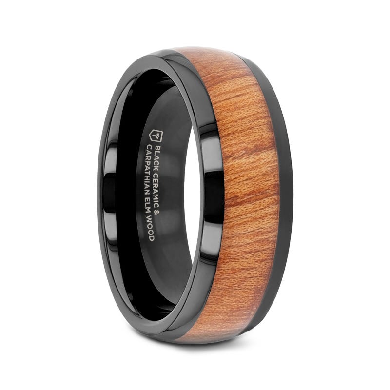 ODYSSEY Black Ceramic Wedding Band with Domed Polished Finish and Carpathian Elm Wood Inlay - 8mm