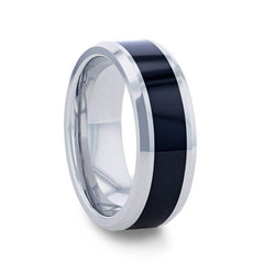 HAWK Polished Black Ceramic Inlaid Tungsten Men's Wedding Band with Bevels by Thorsten - 8mm