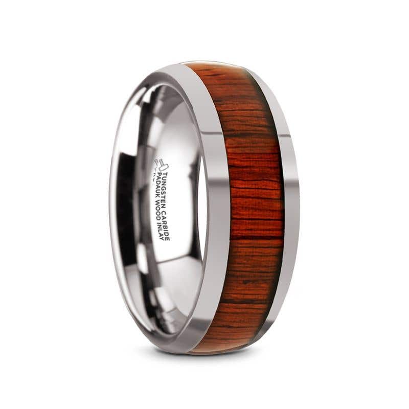 MUKWA Tungsten Carbide Polished Finish Men’s Domed Wedding Band with Padauk Wood Inlay - 8mm