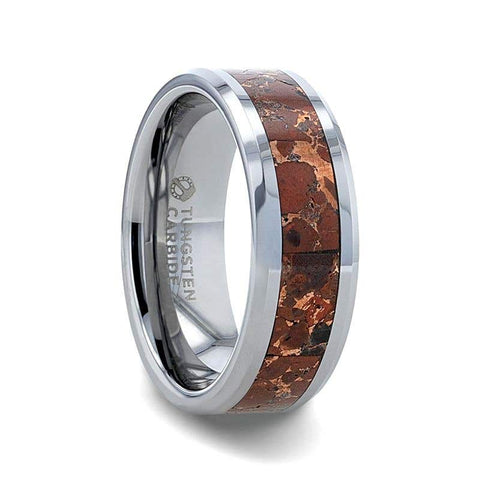 CROWN Tungsten Carbide ring with Beveled Edges and Orange Copper Conglomerate Inlay - 8mm