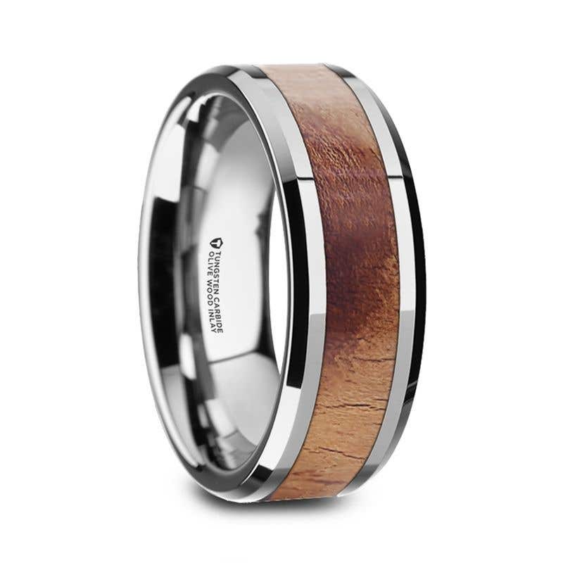 OLLIVANDER Olive Wood Inlaid Tungsten Carbide Ring with Bevels - 6mm & 8mm