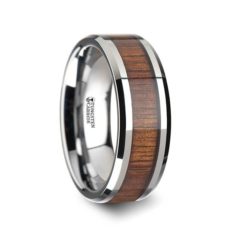 KONA Koa Wood Inlaid Tungsten Carbide Ring with Bevels - 4mm - 12mm