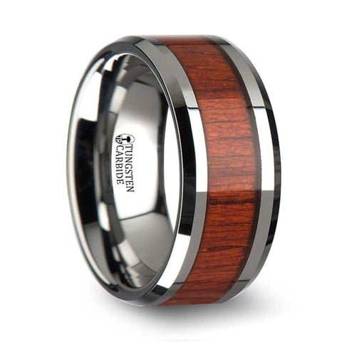 NARRA Tungsten Wood Inlay Ring with Polished Bevels and Real Padauk Wood Inlay - 6mm - 10mm