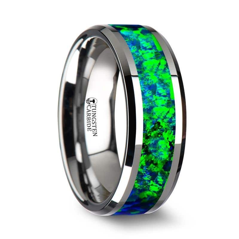 PHOTON Tungsten Beveled Wedding Band with Emerald Green & Sapphire Blue Color Opal Inlay - 6mm & 8mm