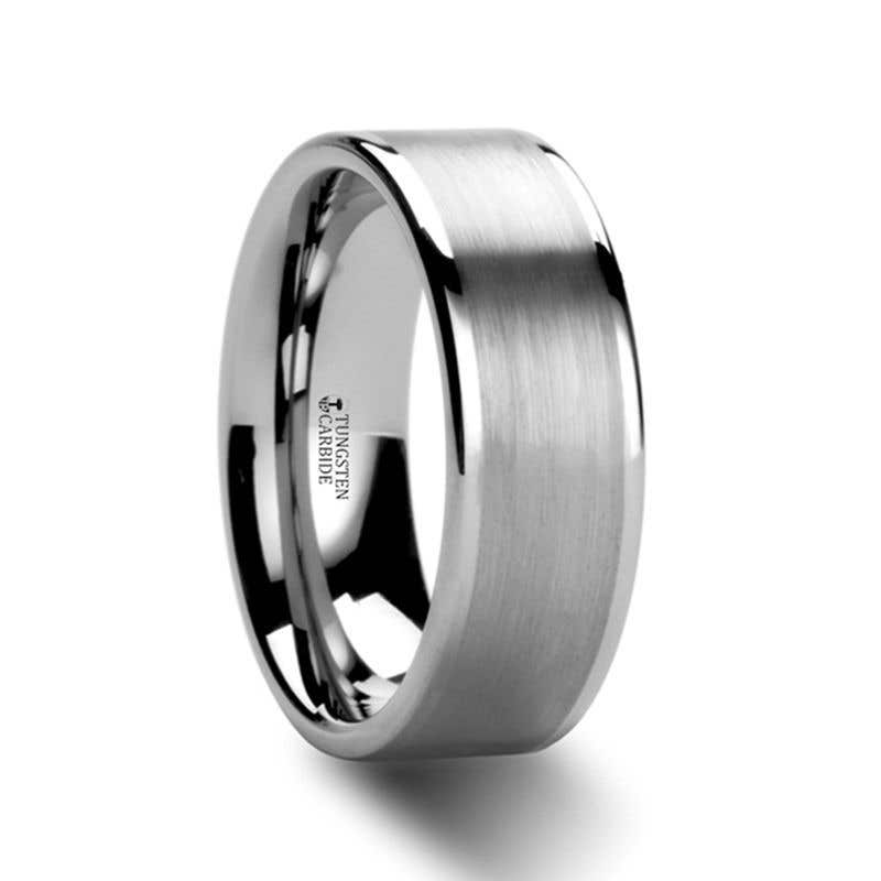 AIRES Flat Brush Finish Center Polished Edges Tungsten Carbide Ring - 4mm - 10mm