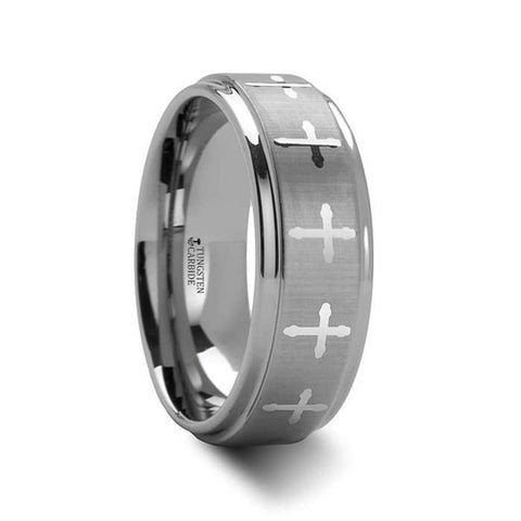 TRINITY Raised Center with Engraved Crosses Men's Tungsten Wedding Band – 8mm