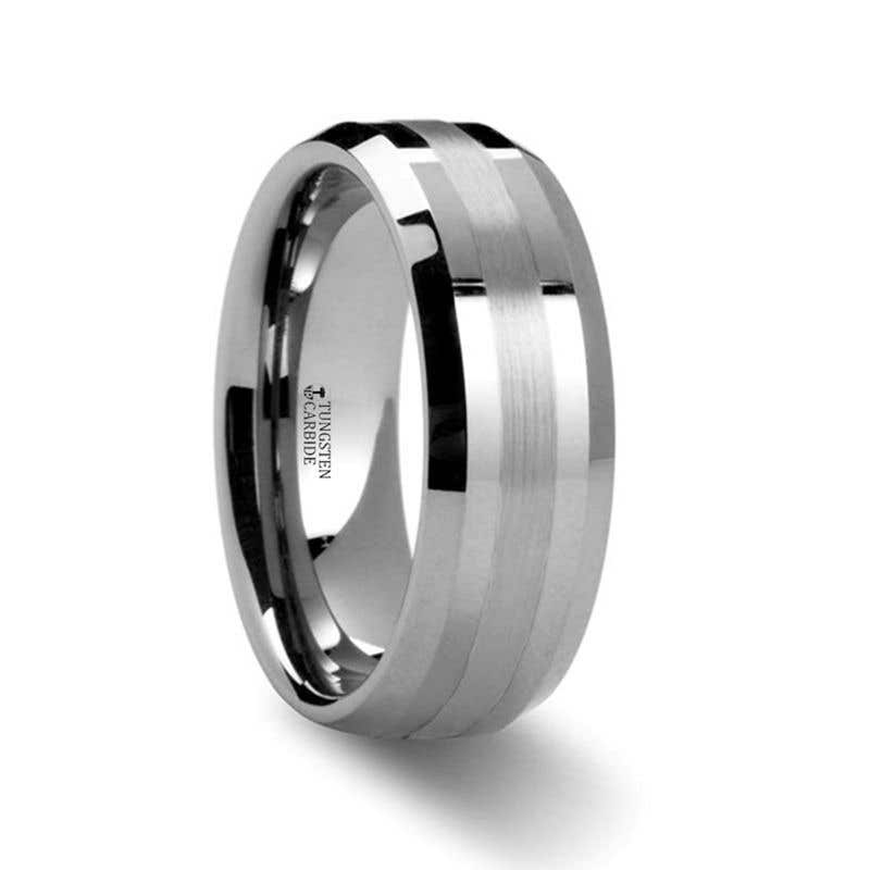 HALSTEN Platinum Inlaid Beveled Tungsten Carbide Wedding Ring - 6mm & 8mm