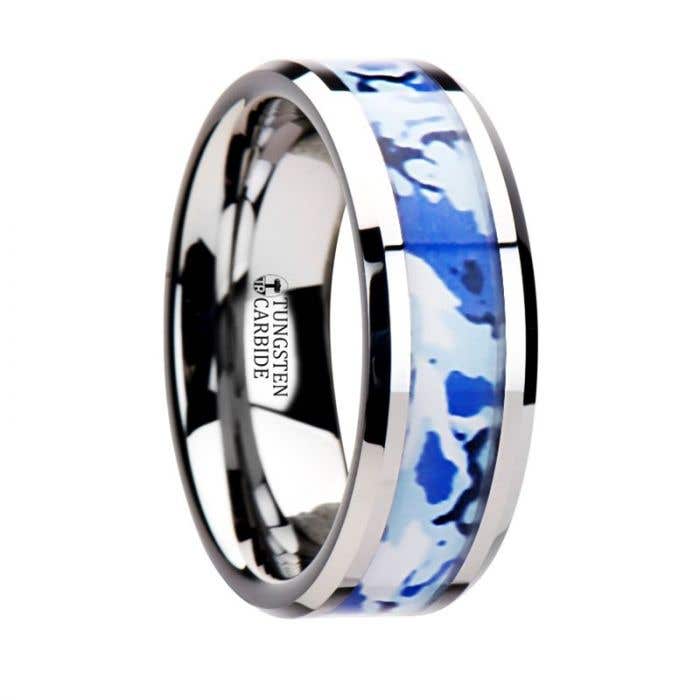 GENERAL Tungsten Wedding Ring with Blue and White Camouflage Inlay - 6mm - 10mm