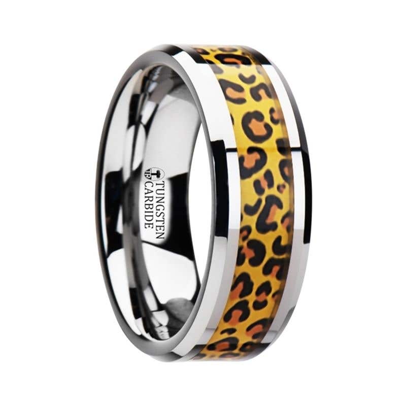 SAVANNAH Tungsten Wedding Ring with Cheetah Print Animal Design Inlay - 6mm & 8mm