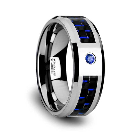 NEPTUNE Tungsten Carbide Ring with Black and Blue Carbon Fiber and Blue Sapphire Setting with Bevels - 8mm