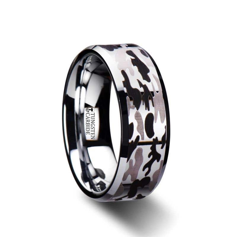 ARMISTICE Beveled Tungsten Carbide Ring with Laser Engraved Camo Pattern - 8 mm