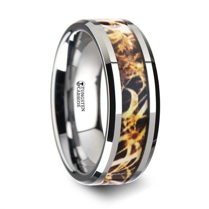 TERRA Tungsten Carbide Wedding Band with Leaves Grassland Camo Inlay Ring - 8mm