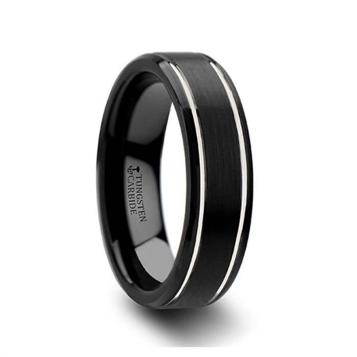 NOCTURNE Black Beveled Tungsten Carbide Band with Polished Grooves and Brushed Finish - 6mm or 8mm