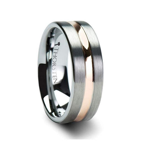 ZEUS Flat Brushed Finish Tungsten Carbide Ring with Rose Gold Plated Groove - 4mm - 10mm