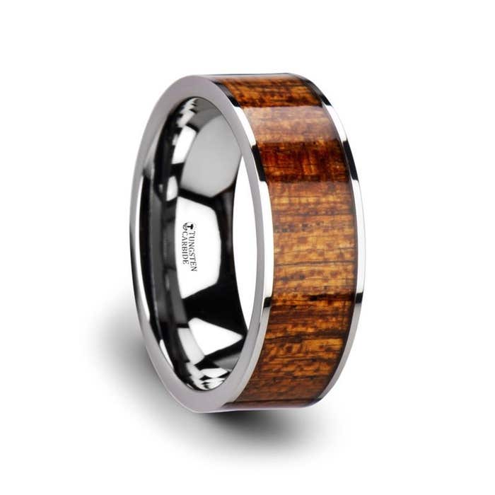 BOLO Flat Tungsten Carbide Band with Exotic Mahogany Hard Wood Inlay and Polished Edges - 8mm