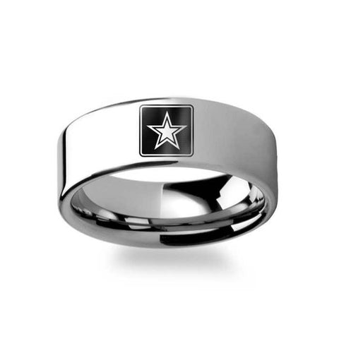 Military Symbol Logo Engraving Flat Polished Tungsten Ring - Army, Coast Guard, Navy, Marines, Air Force - 4mm - 12mm