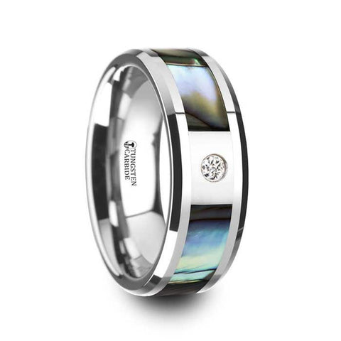 HONOLULU Mother of Pearl Inlay Tungsten Carbide Ring with Beveled Edges and White Diamond - 8mm