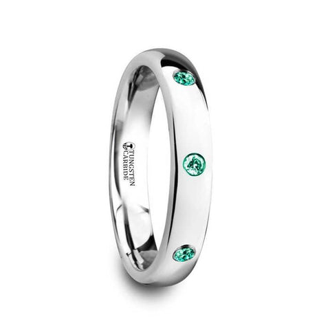 CHLOE Polished and Domed Tungsten Carbide Wedding Ring with 3 Green Emeralds Setting - 4mm