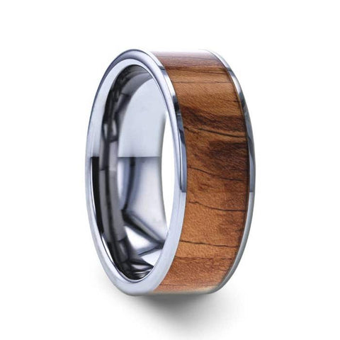 OLIVASTER Olive Wood Inlaid Flat Tungsten Carbide Ring with Polished Edges - 8mm