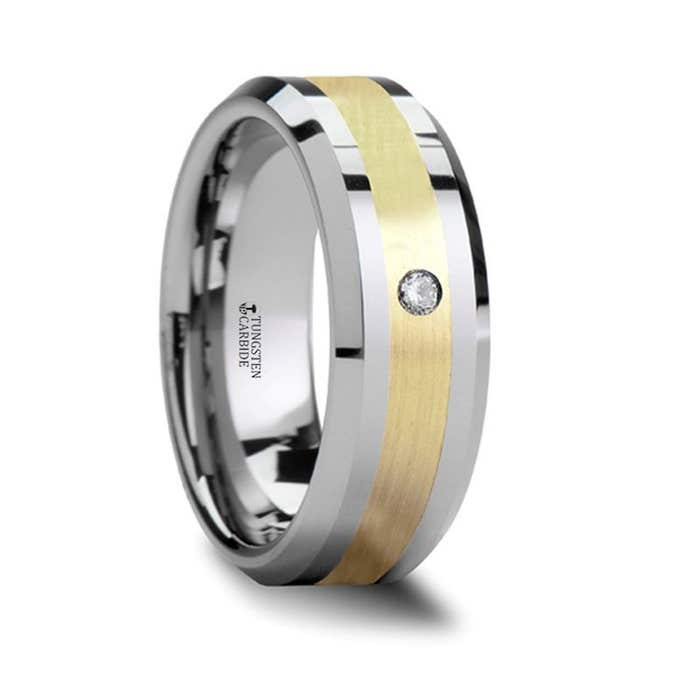 FABIAN 14K Gold Inlaid Beveled Tungsten Ring with Diamond - 8mm