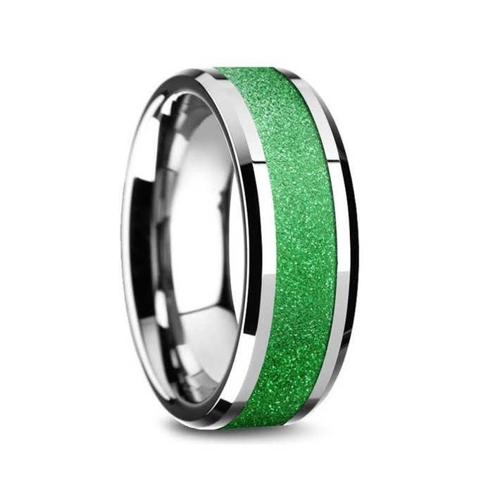 LAWRENCE Tungsten Carbide Bevel Edged Men’s Ring with Sparkling Green Inlay - 8mm