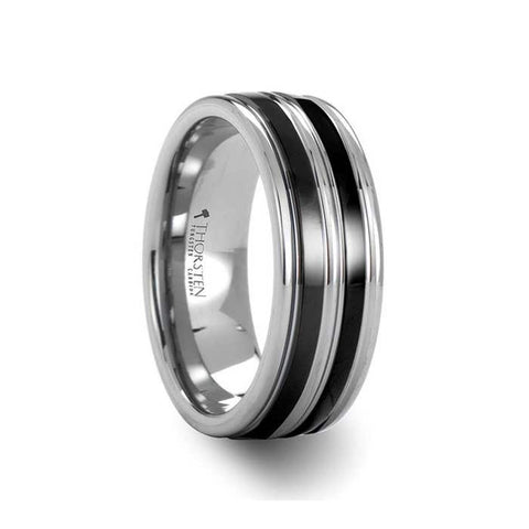 LEVIATHAN Grooved Tungsten Ring With Dual Offset Black Ceramic Inlays - 8mm