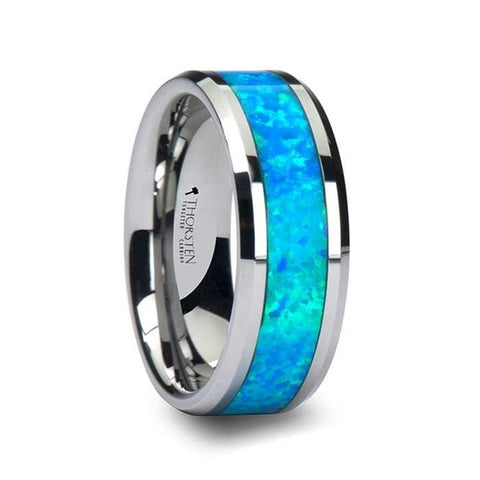 QUASAR Tungsten Wedding Band with Blue Green Opal Inlay - 4mm - 10mm