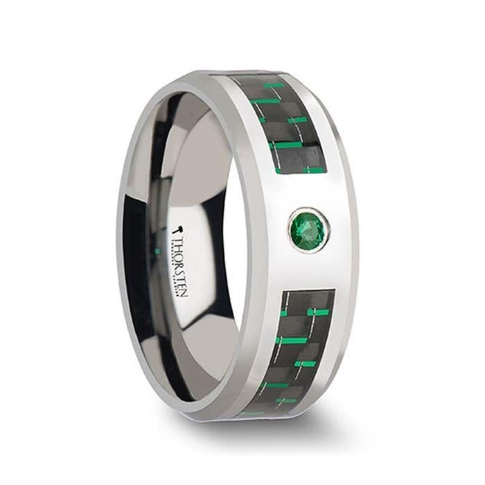 ASPEN Tungsten Carbide Ring with Black & Green Carbon Fiber and Green Emerald - 8mm